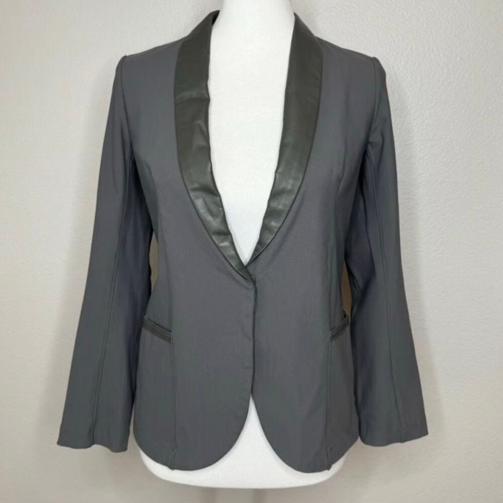 EUC Elaine Kim Tech Stretch Leather Trim Blazer P (0-2) Open Front Jacket Gray